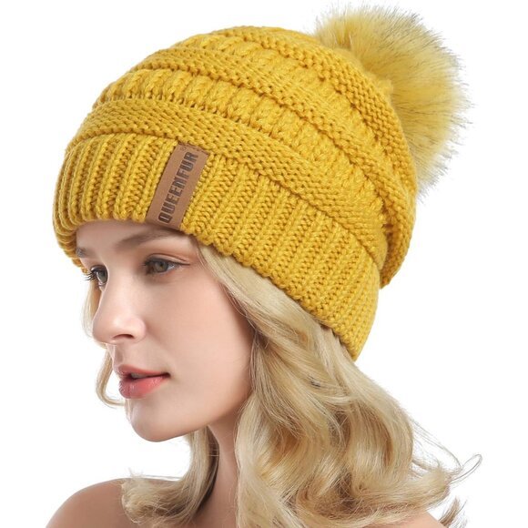 Women Ginger Soft Acrylic Thick Baggy Knit Winter Faux Fur Pompom Beanie - Picture 2 of 6